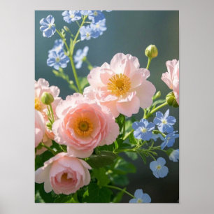 Poster Fleurs délicates rose bleu