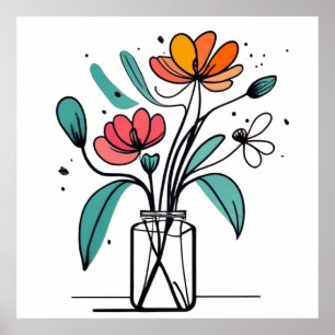 Poster Fleurs dessinées à l'encre minimaliste dans un vas