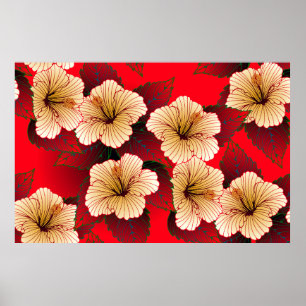 Poster fleurs d'hibiscus ivoire sans couture motif sur ro