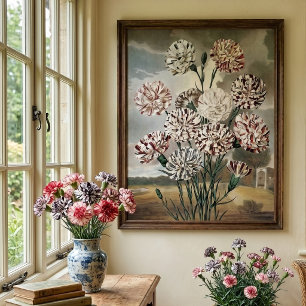 Poster Fleurs d'œillet panachées vintage avec ciel gris