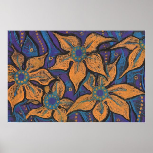 Poster Fleurs d'or, art floral abstrait, orange violet (Devant)