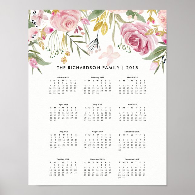 Poster Fleurs d'or rose et Faux | Calendrier 2018 (Devant)