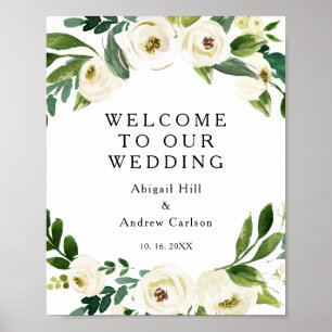 Poster Fleurs élégantes Blanc Floral Mariage Bienvenue