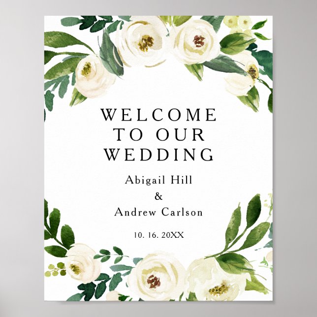 Poster Fleurs élégantes Blanc Floral Mariage Bienvenue (Devant)