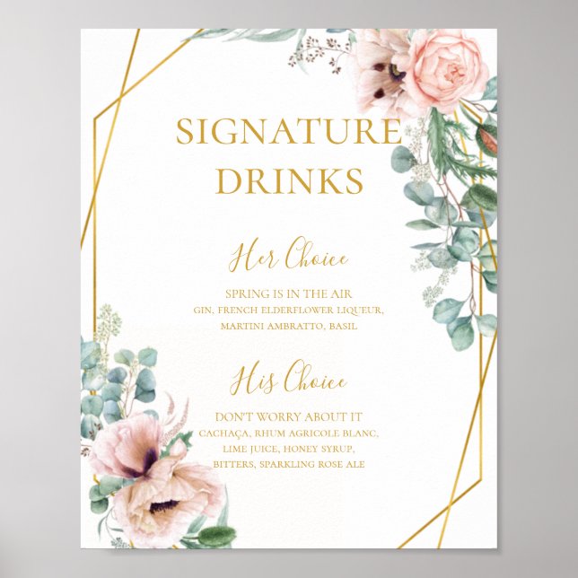 Poster Fleurs Élégantes Rose | Panneau Boissons Signature (Devant)