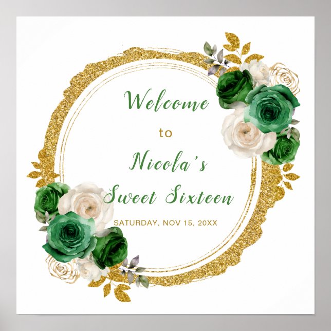 Poster Fleurs élégantes Sweet sixteen vert foncé et or (Devant)