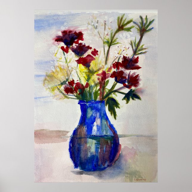 Poster Fleurs en bleu Vase Aquarelle Art Imprimer (Devant)