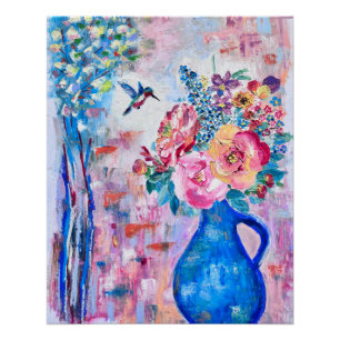 Poster Fleurs en fleurs et colibri huile Pastel