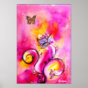Poster FLEURS ET BUTTERFLIS BLANCS bleu rose