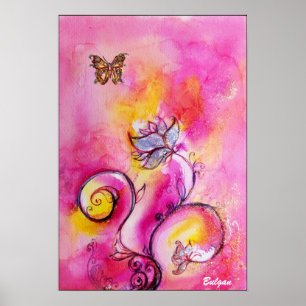 Poster FLEURS ET BUTTERFLIS BLANCS bleu rose