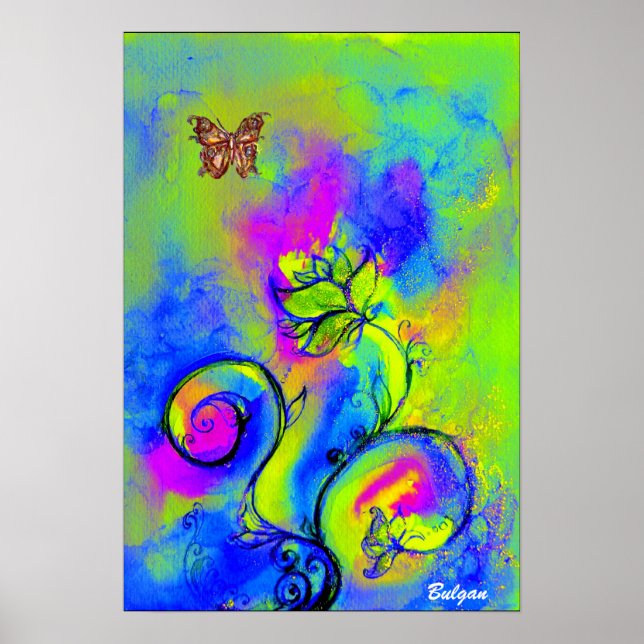 Poster FLEURS ET BUTTERFLIS BLANCS bleu vert jaune (Devant)