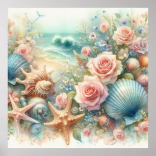 Poster Fleurs et coquillages aquarelle dans les couleurs