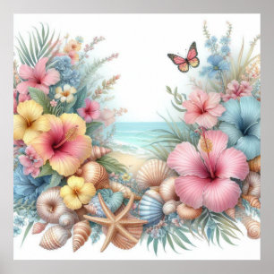 Poster Fleurs et coquillages aquarelle dans les couleurs 