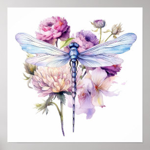 Poster Fleurs et libellules d'aquarelle violette