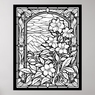 Poster Fleurs et Montagnes Fenêtre en verre tendu Colorat