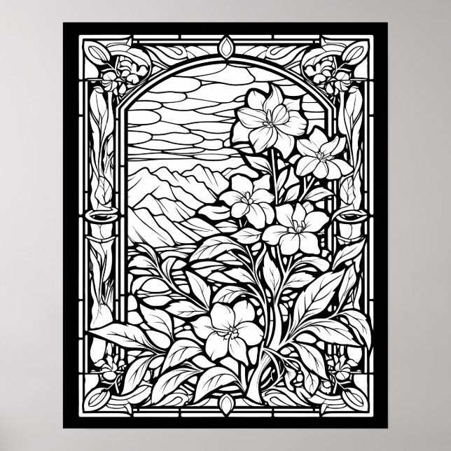 Poster Fleurs et Montagnes Fenêtre en verre tendu Colorat (Devant)