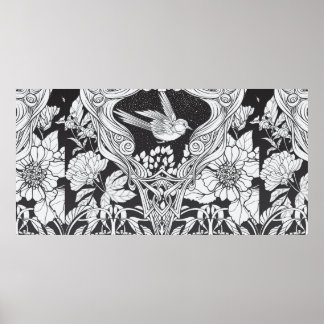 Poster Fleurs et oiseau dans un style Art nouveau sans co
