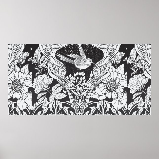 Poster Fleurs et oiseau dans un style Art nouveau sans co (Devant)