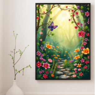Poster Fleurs et papillon dans une forêt tropicale enchan