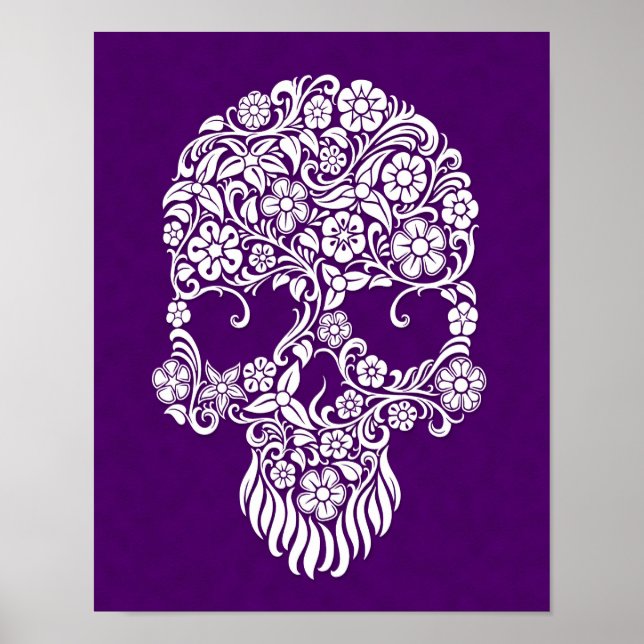 Poster Fleurs et vignes blanches Design crâne sur violet (Devant)