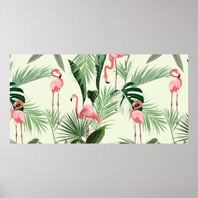 Poster Fleurs exotiques et flamands roses, feuilles de pa (Devant)