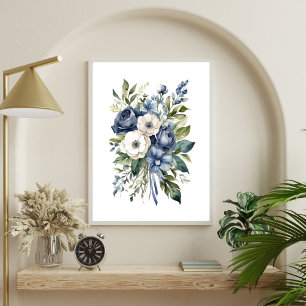 Poster Fleurs Florales Bleu Blanc Aquarelle Élégantes