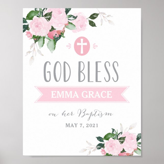 Poster Fleurs florales Dieu Béni Baptême Signe rose (Devant)