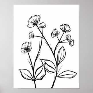 Poster Fleurs florantes Line Art noir et blanc