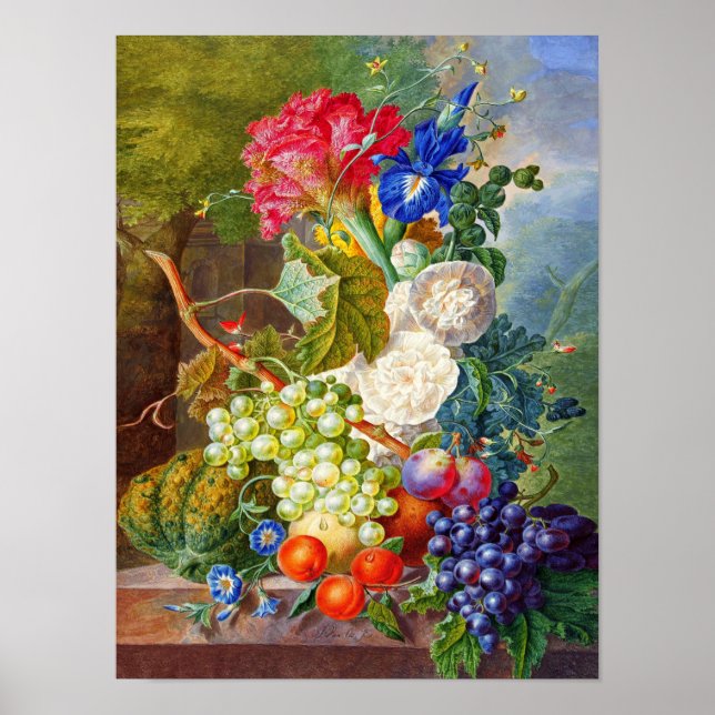 Poster Fleurs, Fruit Still Life Aquarelle par Jan van Os (Devant)
