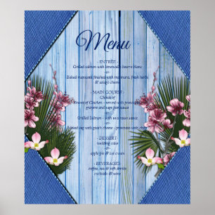 Poster Fleurs graphiques roses sur tissu en bois bleu