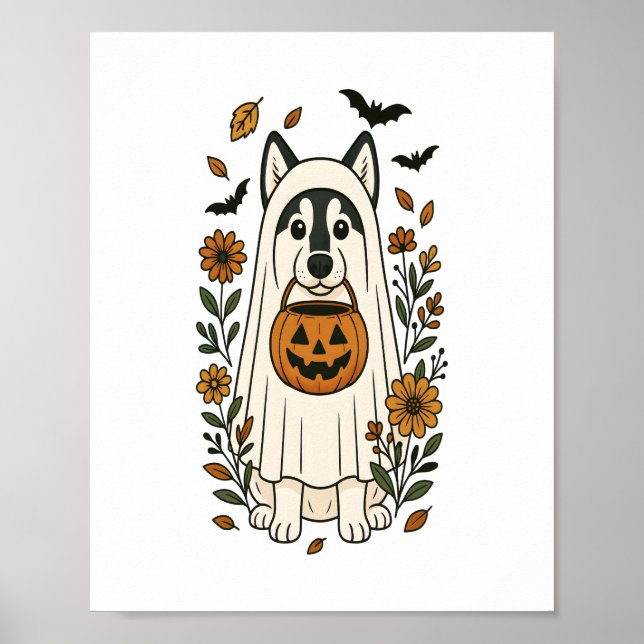 Poster Fleurs Husky Sibériennes d'Halloween (Devant)