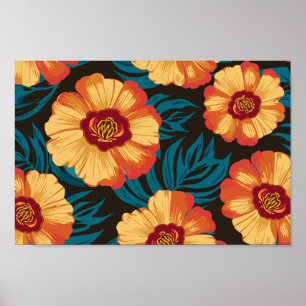 Poster Fleurs jaune or et rouge avec Feuilles Turquoises
