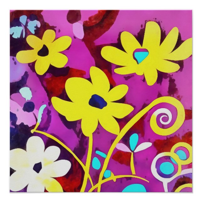 Poster Fleurs Jaunes Abstraites Sur Viva Magenta (Devant)