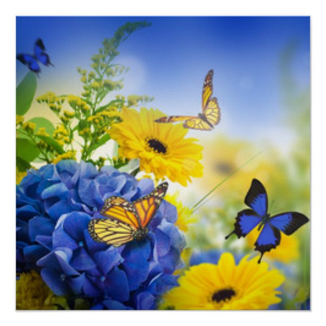 Poster Fleurs Jaunes Bleues Avec Papillons (Devant)