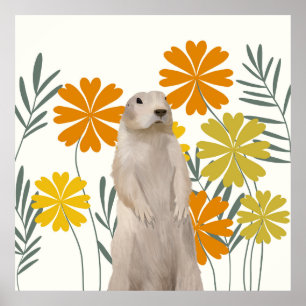 Poster Fleurs Jaunes et Oranges de marmotte mignonne