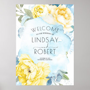 Poster Fleurs Jaunes Mariage d'aquarelle bleu foncé