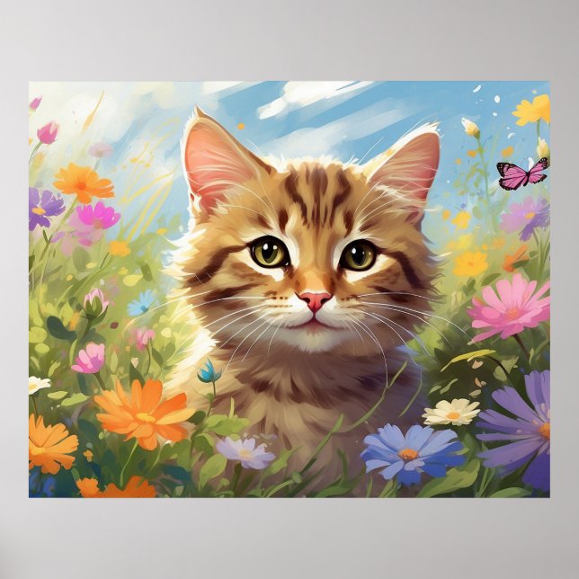 Poster *~*  Fleurs Kitty Chat 5:4  Chaton Papillon AP68 (Devant)