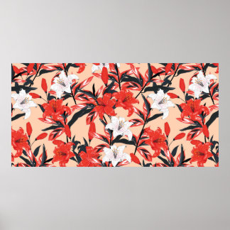 Poster Fleurs Lily rouges et blanches pattes botaniques s
