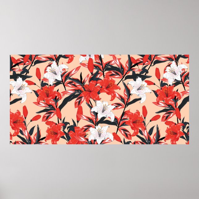 Poster Fleurs Lily rouges et blanches pattes botaniques s (Devant)
