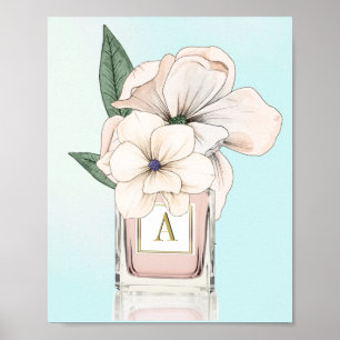 Poster Fleurs Magnolia Élégante Bouteille de parfum Monog