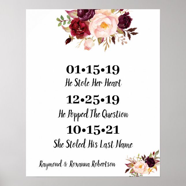 Poster Fleurs Marsala Meilleur Mariage du jour Date Oui J (Devant)