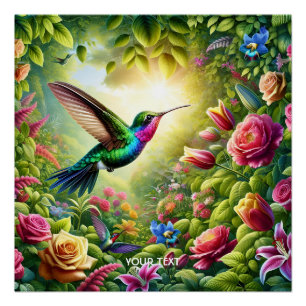 Poster Fleurs mignonnes Imaginaires Arc-en-ciel Colibri