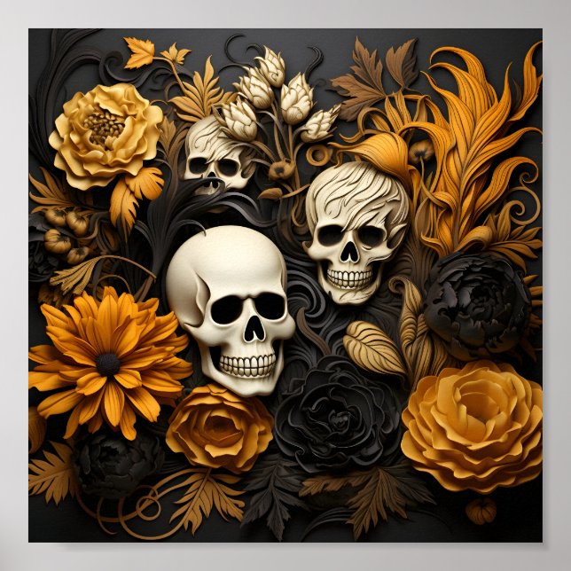 Poster Fleurs Motifs D'Halloween Et Crânes Blancs Magnifi (Devant)