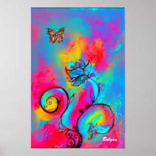 Poster FLEURS & PAPILLONS FANTAISISTES rose jaune bleu