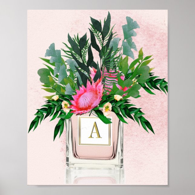 Poster Fleurs Protea Élégant Bouteille de Parfum Monogram (Devant)