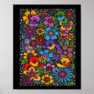 Poster Fleurs Psychédéliques Ours Dansants Grate Colore