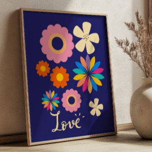 Poster Fleurs Rétro Colorées sur Fond Bleu Marine Amour F