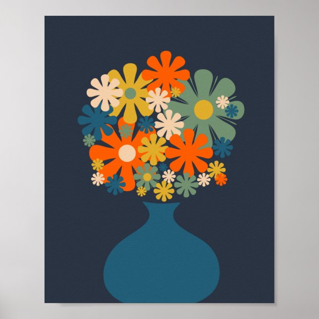 Poster Fleurs rétro gaies dans un Vase bleu (Devant)
