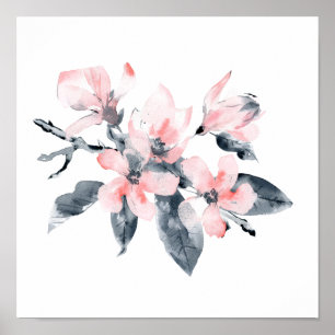 Poster Fleurs rose et gris Aquarelle classique