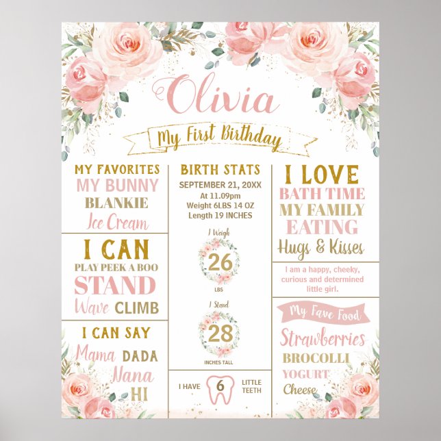 Poster Fleurs rose pour le premier anniversaire Statistiq (Devant)
